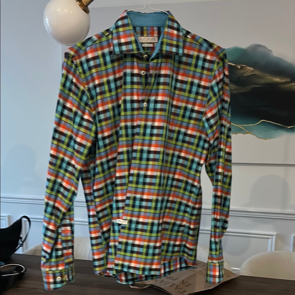 Blue and Green Casual Button Down Shirt with Classic Collar